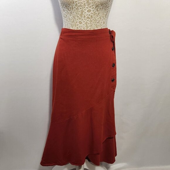 Band of Gypsies Women Size Large Red Linen Blend Tiered Elastic Waist Wrap Skirt - Picture 15 of 16